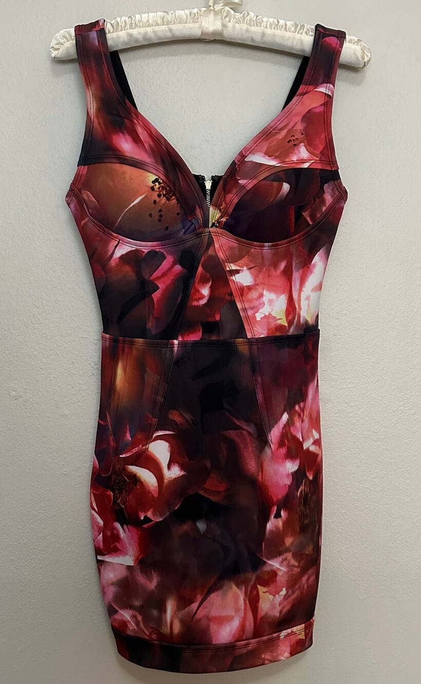 Vintage Y2K Bebe XXS Trippy Floral Print Scuba Knit Bodycon Mini Dress Red Black